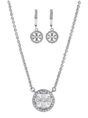Tory Burch Silver Miller Logo Pave Chainlink Necklace & Dangle Earring Set